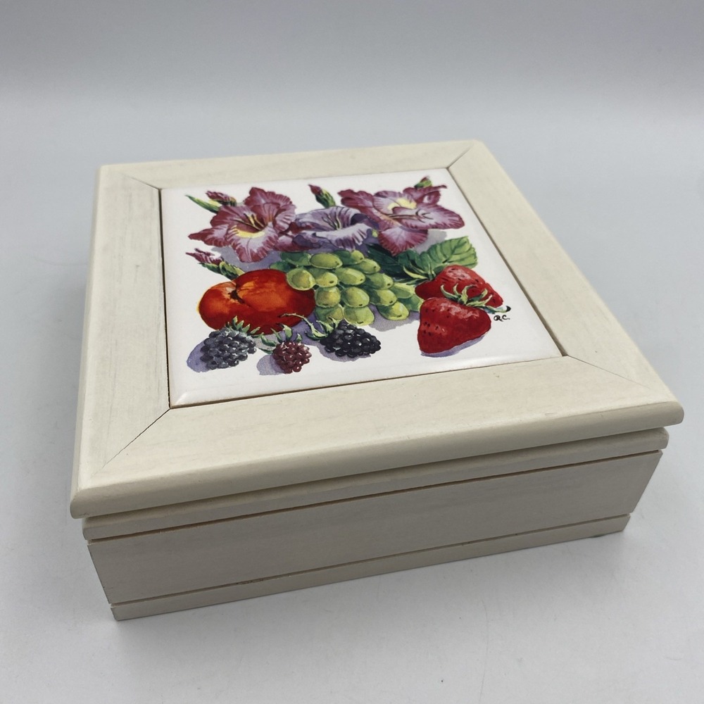 Vintage White Wood Jewelry Box with Ceramic Tile Lid‎ Fruit and Flowers